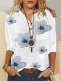 White floral button-front blouse for women, V-neck, three-quarter sleeves