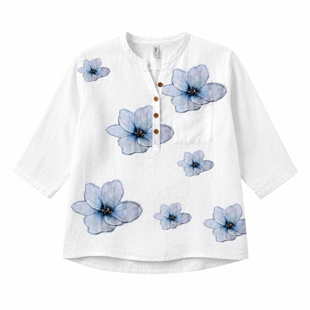 White floral button-front blouse with blue flower prints, V-neck, short sleeves