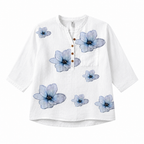 White floral button-front blouse with blue flower prints, V-neck, short sleeves