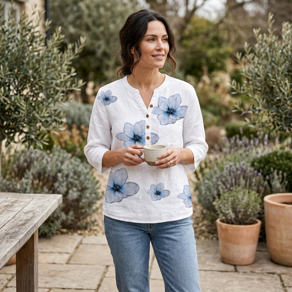 White women’s floral button blouse, V-neck with blue blooms, three-quarter sleeves