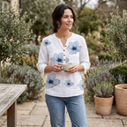 White women’s floral button blouse, V-neck with blue blooms, three-quarter sleeves