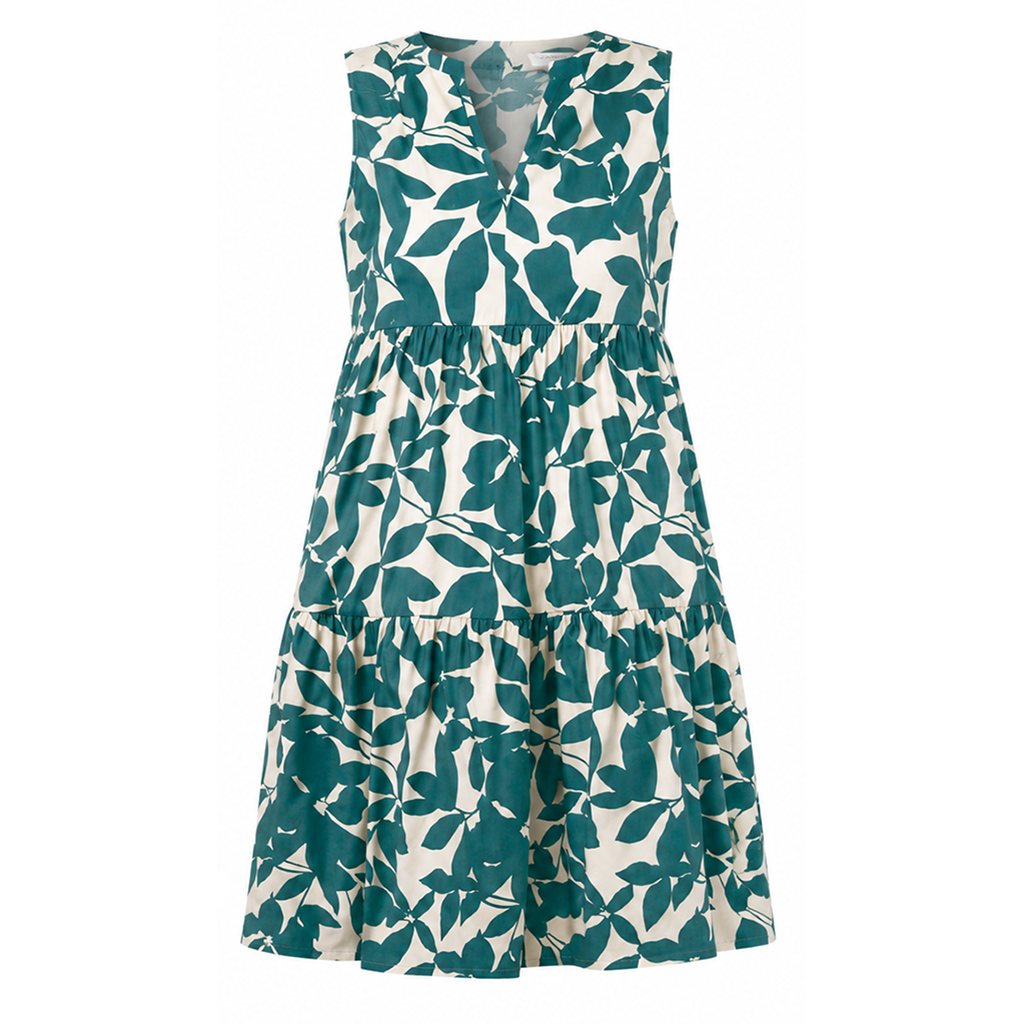 Women’s floral V-neck sleeveless tiered mini dress, green leaf pattern