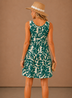 Green floral sleeveless tiered mini dress, scoop back
