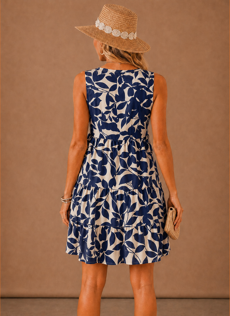 Navy floral sleeveless tiered mini dress, scoop back and layered skirt