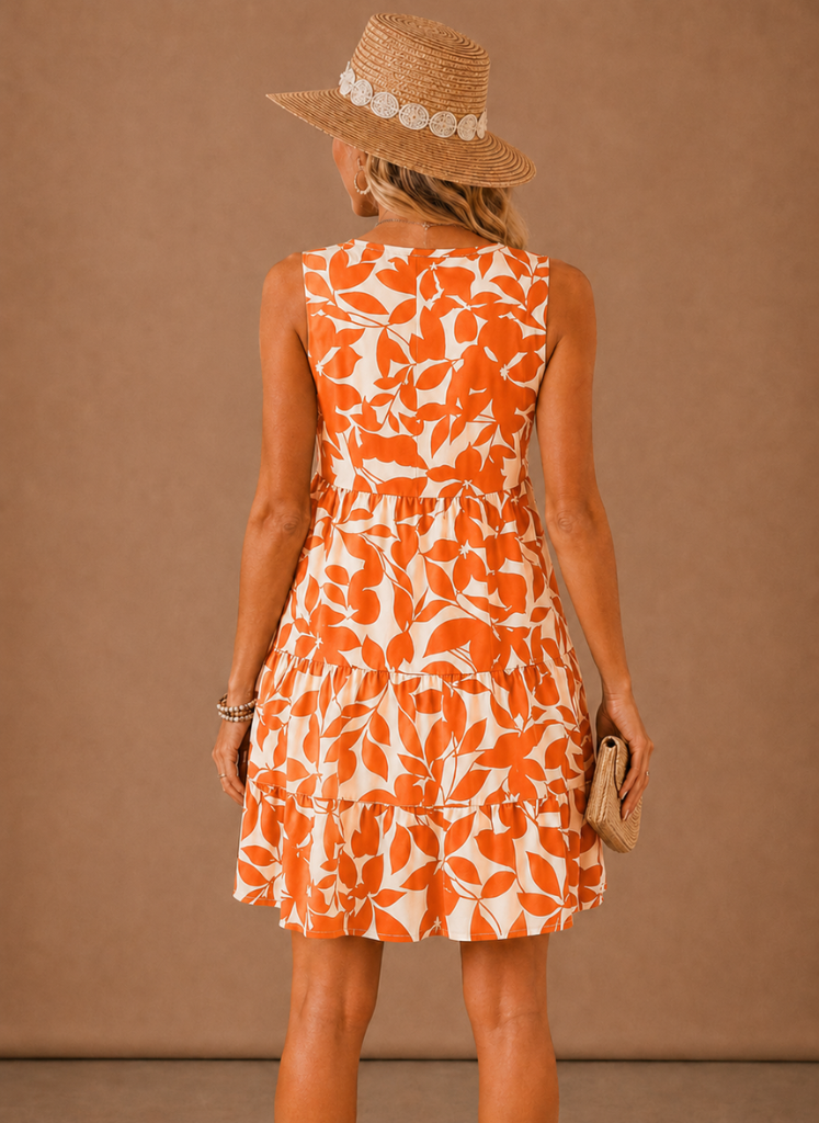 Orange floral sleeveless tiered mini dress, scoop back and layered skirt