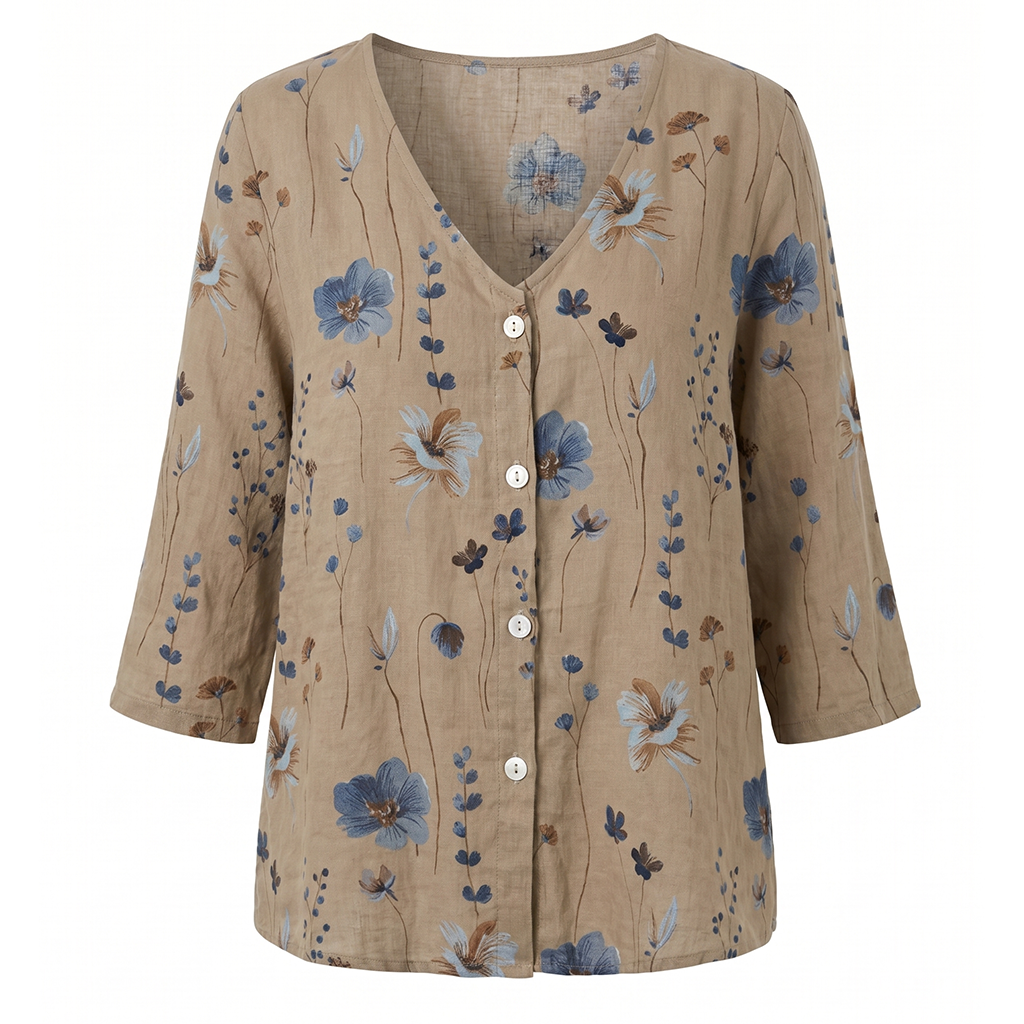 Women's floral V-neck blouse, tan with blue and beige flowers, three-quarter sleeves and buttons