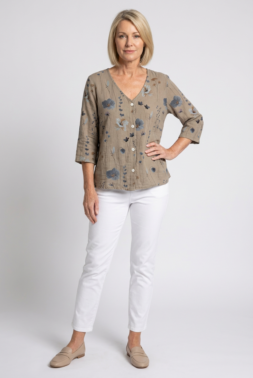 Women’s taupe floral V-neck blouse with 3/4 sleeves and white button placket