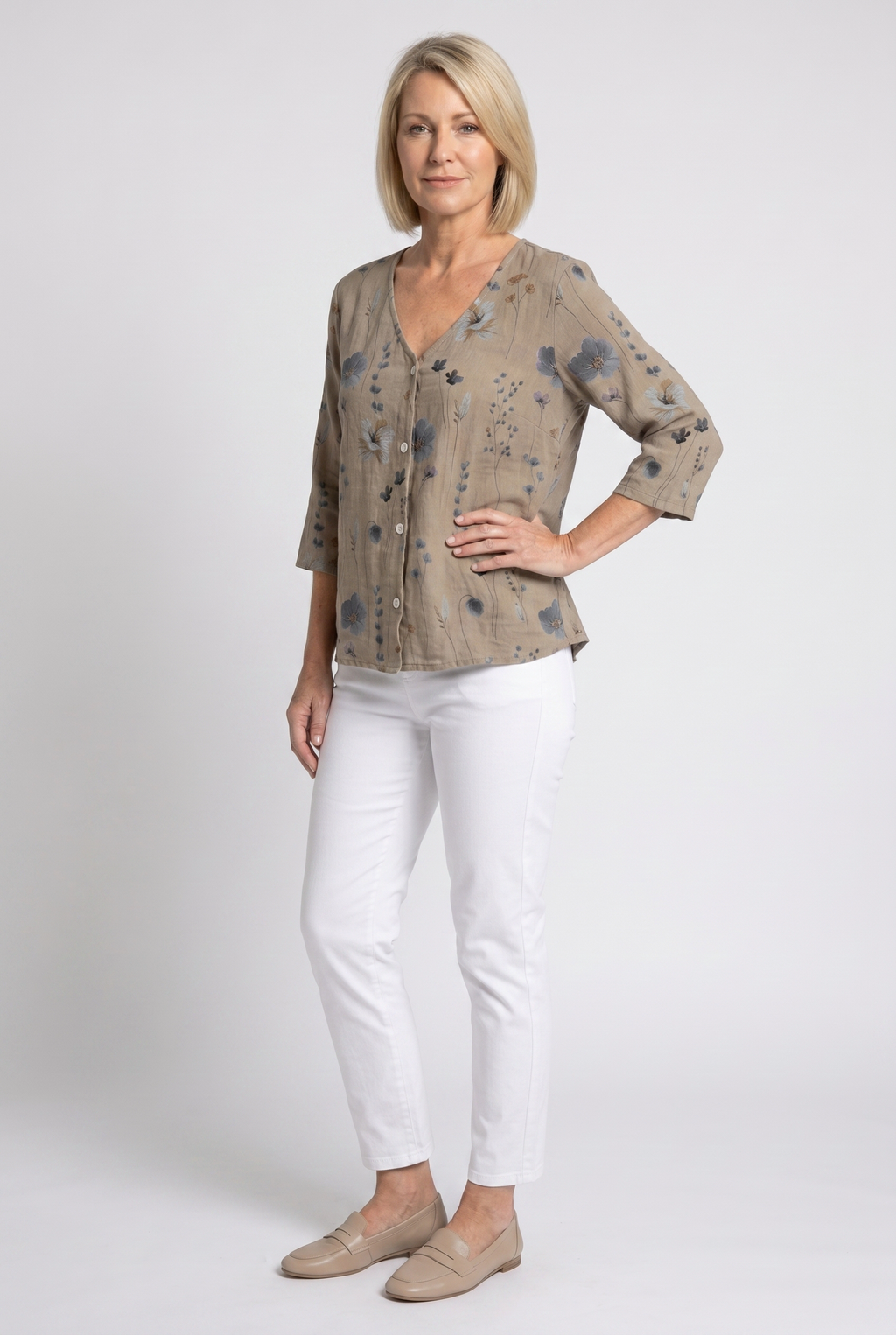 Women’s taupe floral V-neck blouse with 3/4 sleeves and button-front placket