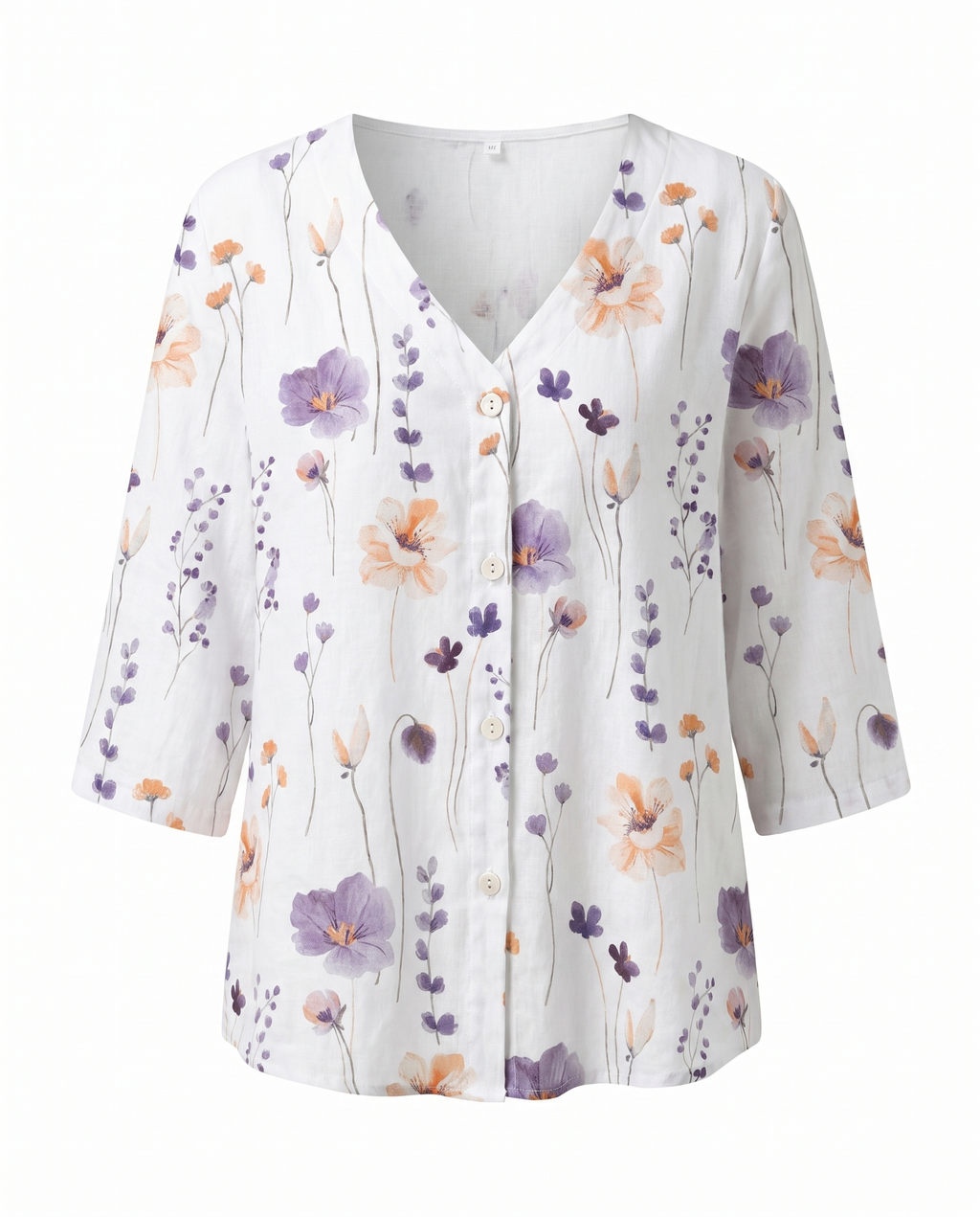 Women’s white floral V-neck blouse with 3/4 sleeves and button-front placket