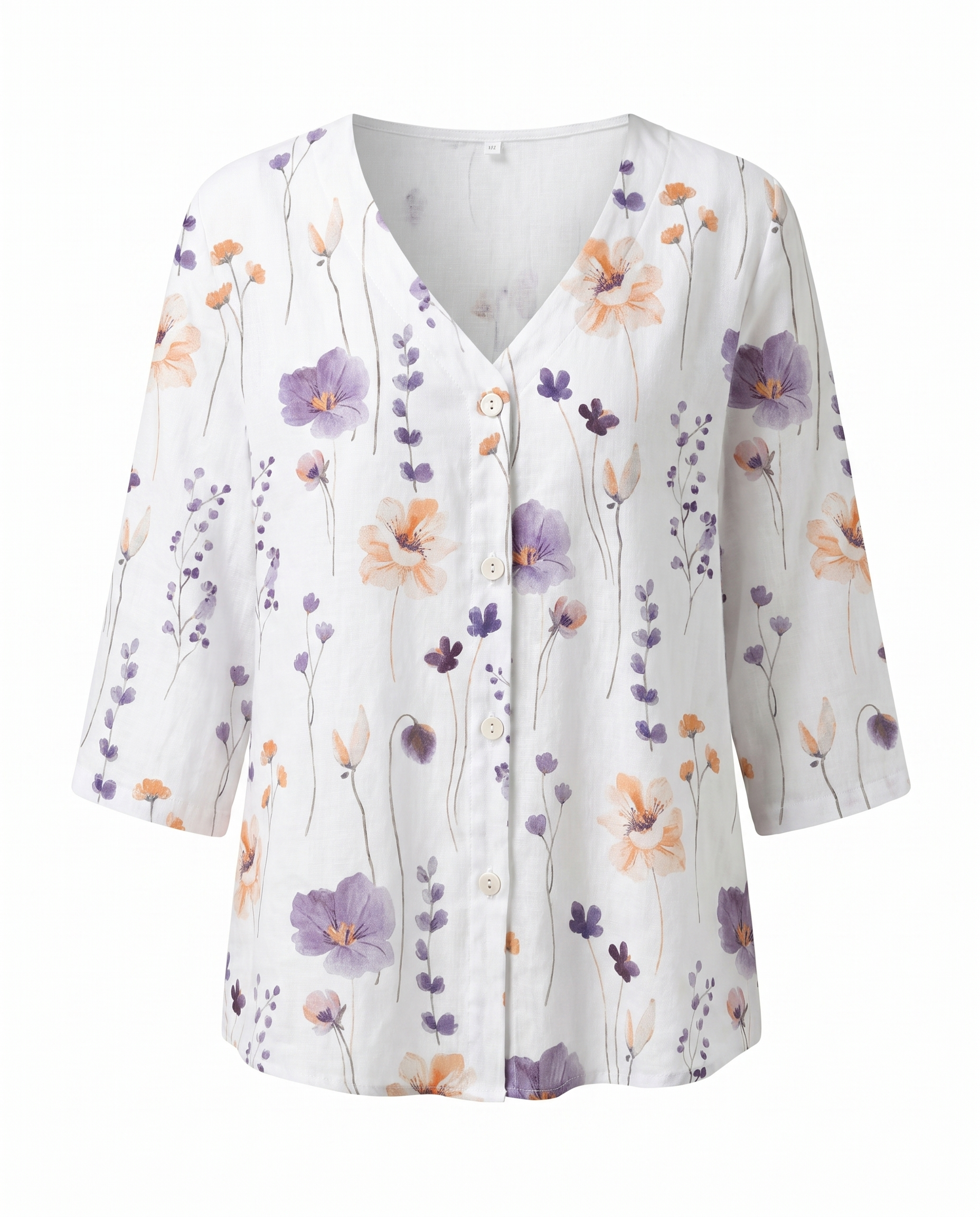 Women’s white floral V-neck blouse with 3/4 sleeves and button-front placket