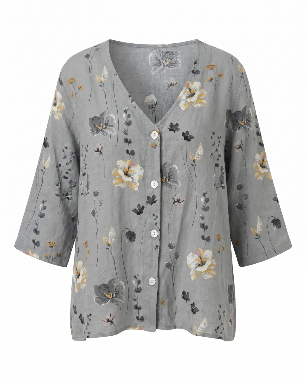 Women’s grey floral V-neck blouse with 3/4 sleeves and button-front placket