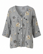 Women’s grey floral V-neck blouse with 3/4 sleeves and button-front placket