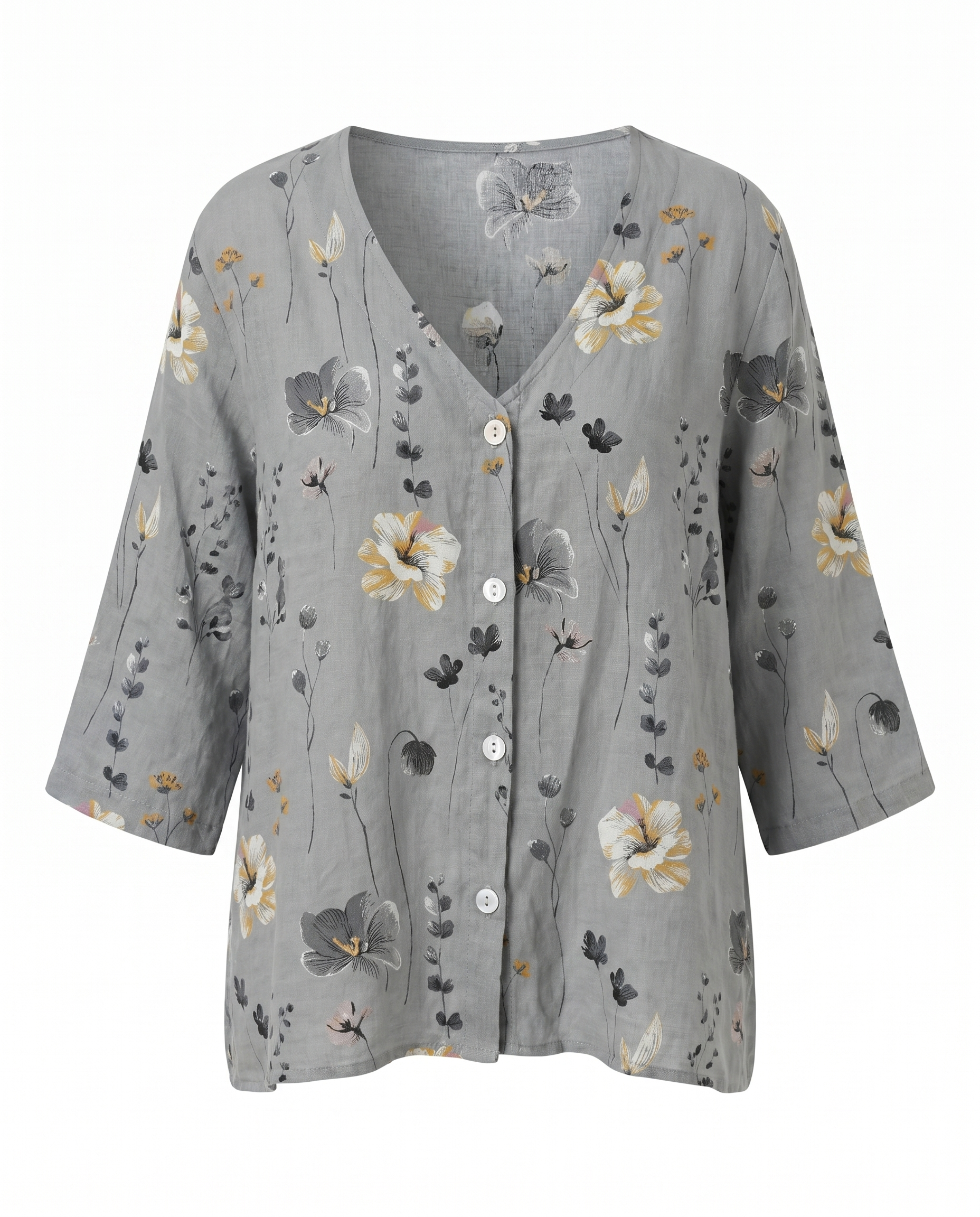 Women’s grey floral V-neck blouse with 3/4 sleeves and button-front placket