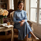 Light blue satin long-sleeve evening dress with high neck and flowing skirt