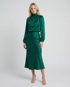 Jade green satin midi dress with long sleeves and high neckline, front view.