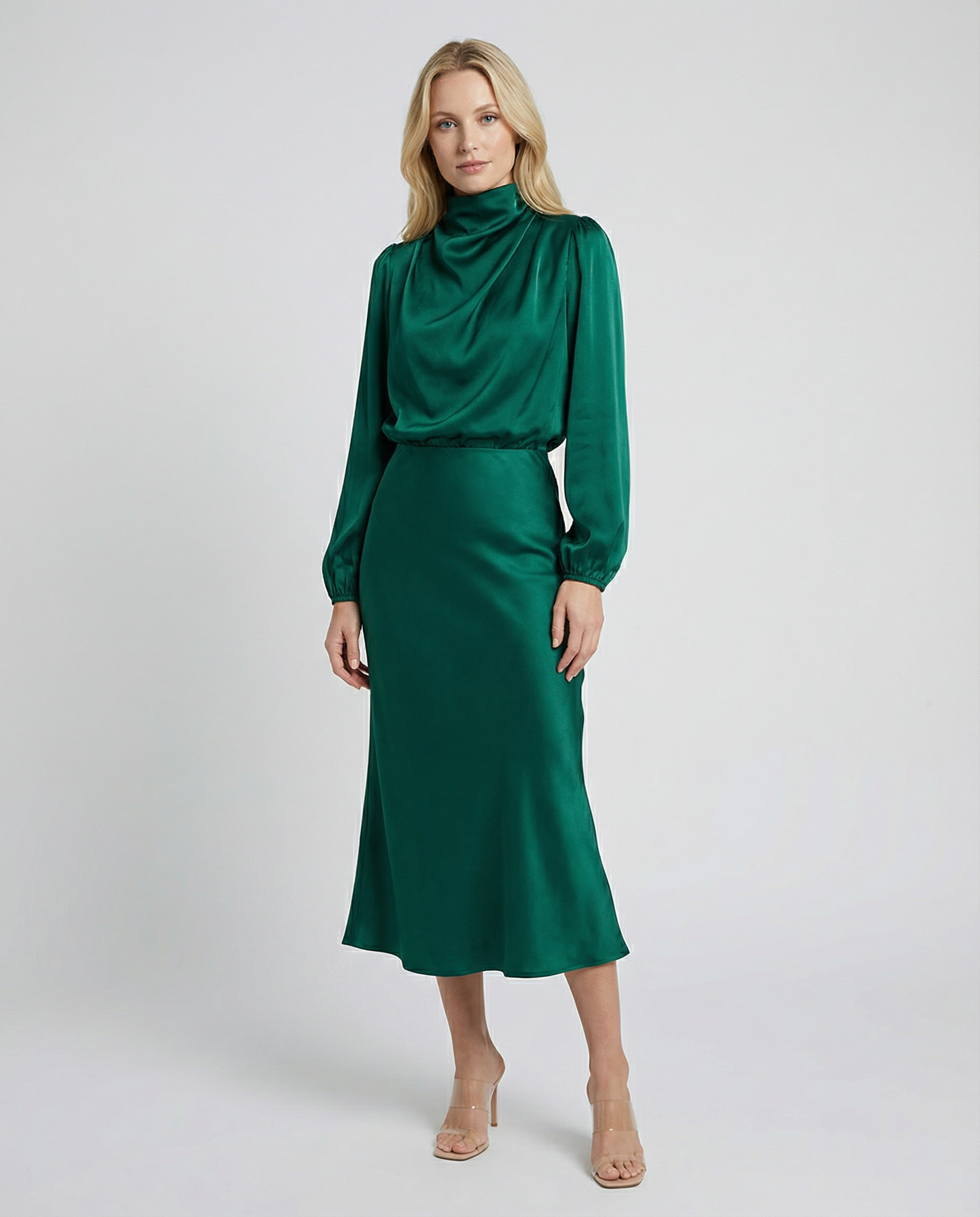 Jade green satin midi dress with long sleeves and high neckline, front view.