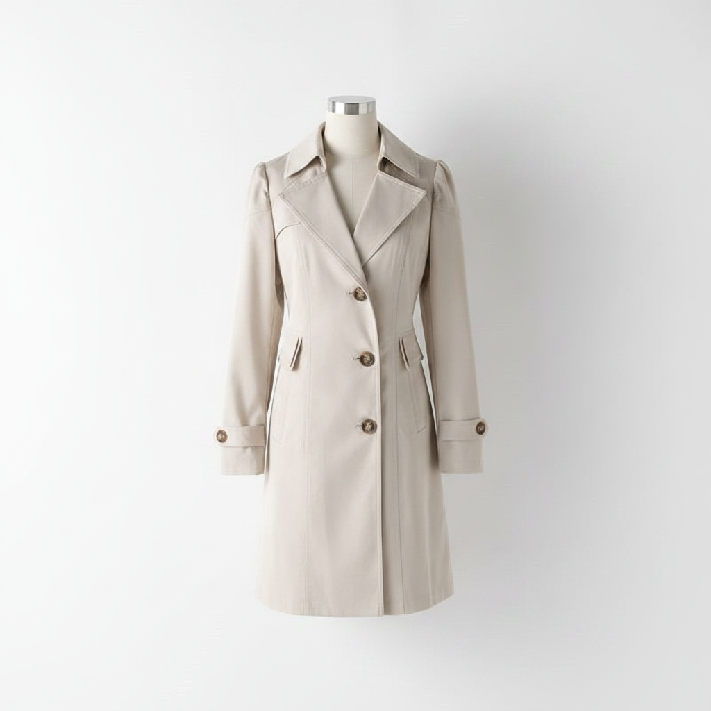 Cream trench coat, double-breasted button front, notched lapels, flap pockets