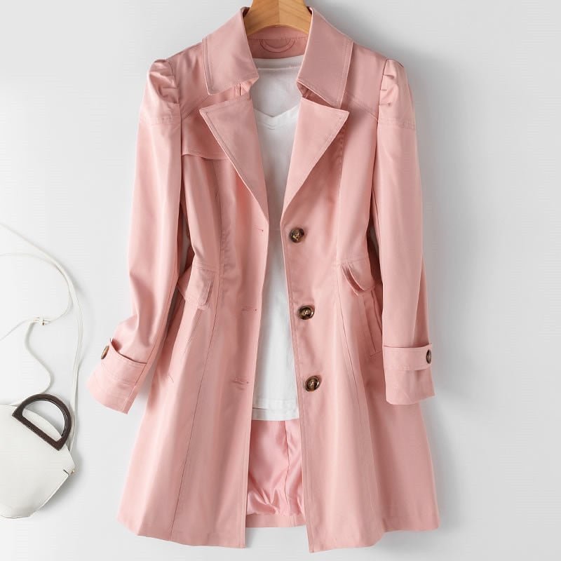 Pink belted trench coat, double-breasted front with buttons, flap pockets