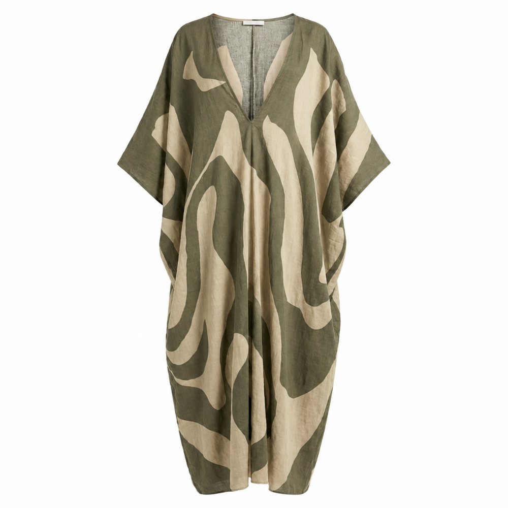Olive-green maxi kaftan with deep V-neck, loose batwing sleeves, abstract beige print