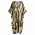 Olive-green maxi kaftan with deep V-neck, loose batwing sleeves, abstract beige print