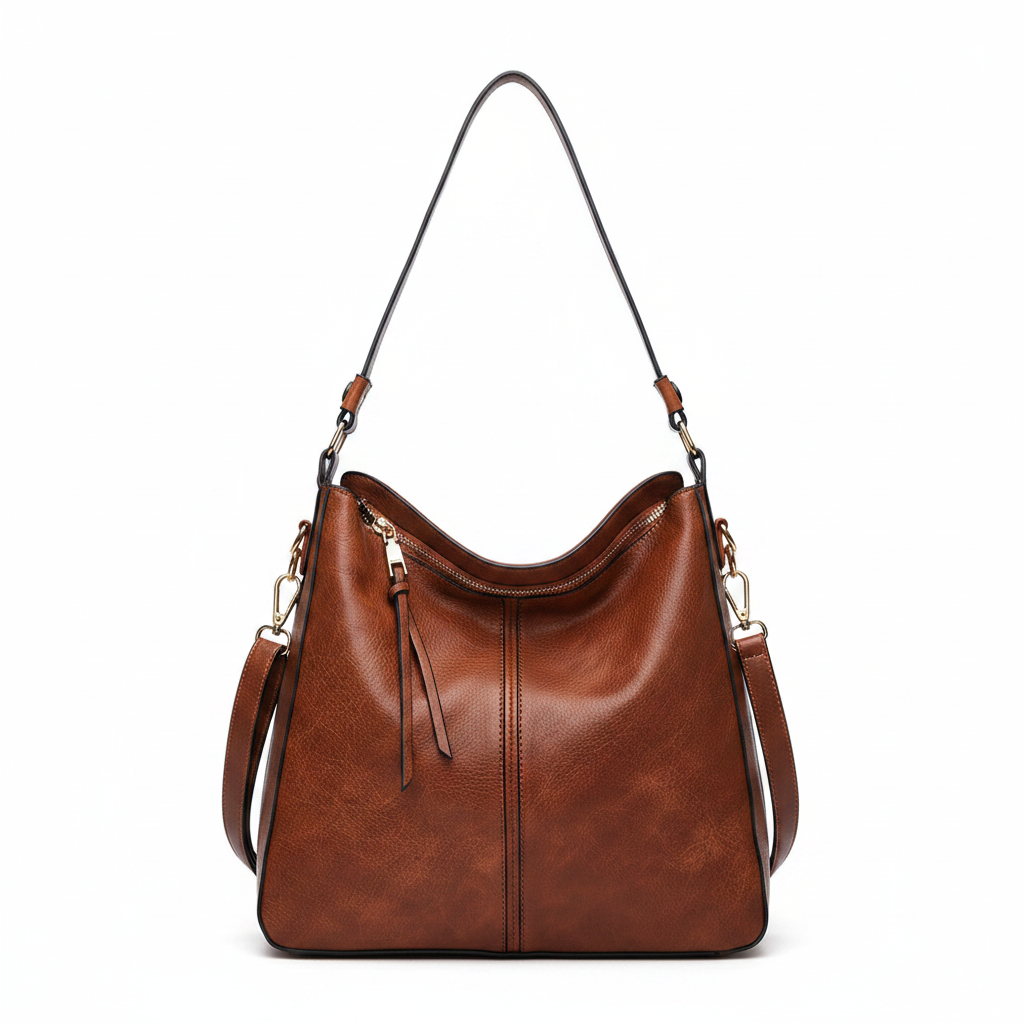 Large crossbody zip bag in tan-brown with adjustable strap, top zipper, and zip compartments
