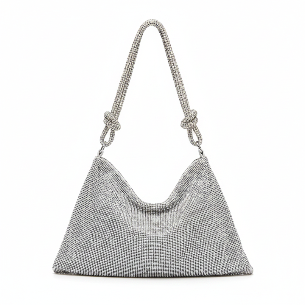 Silver glitter shoulder bag with short chain handles and curved front panel.