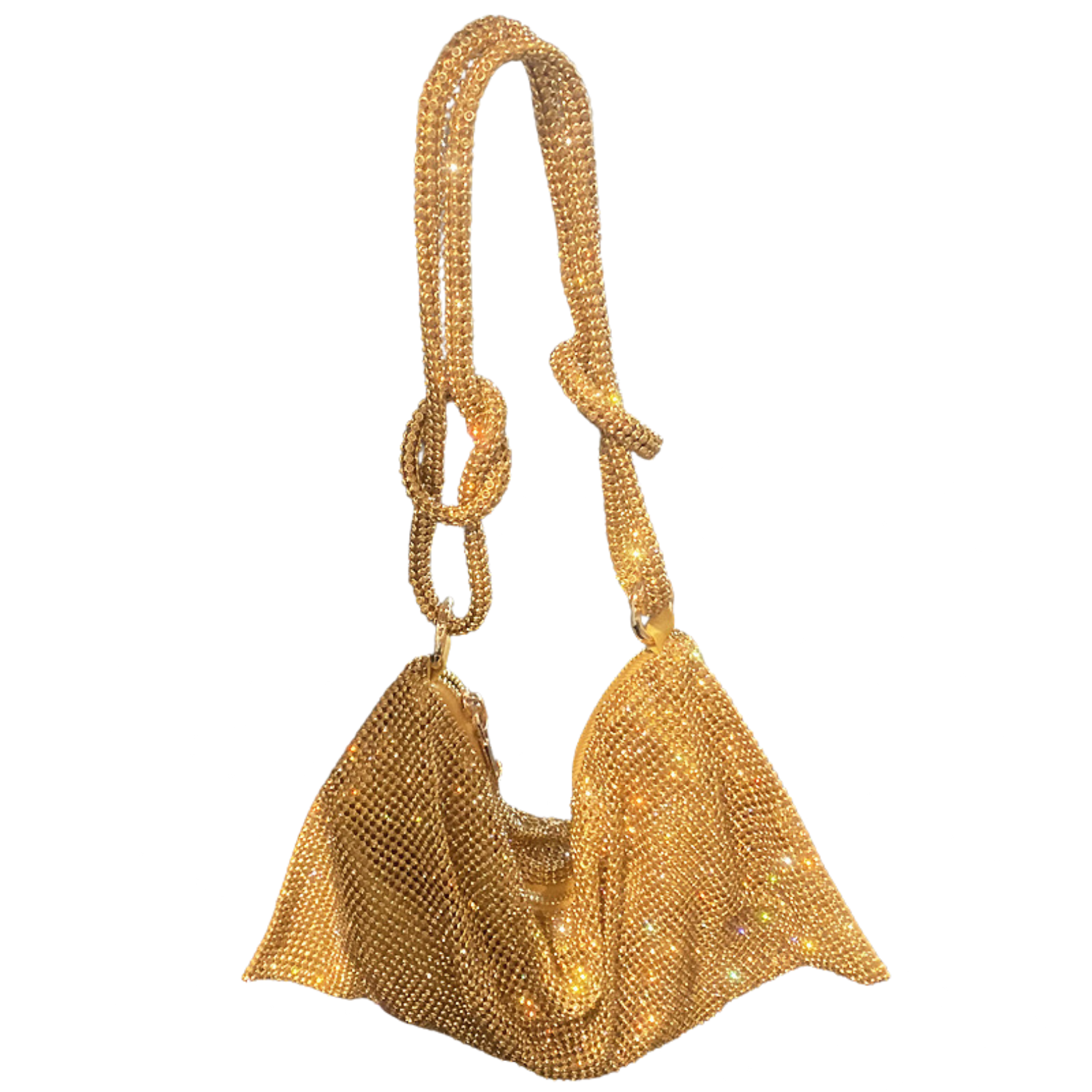 Gold glitter shoulder bag with chain handles and draped tassel-style bottom.