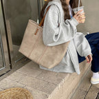 Women's Structured Large Shoulder Bag Contrast Stitching Synthetic Leather Two Tone Handles