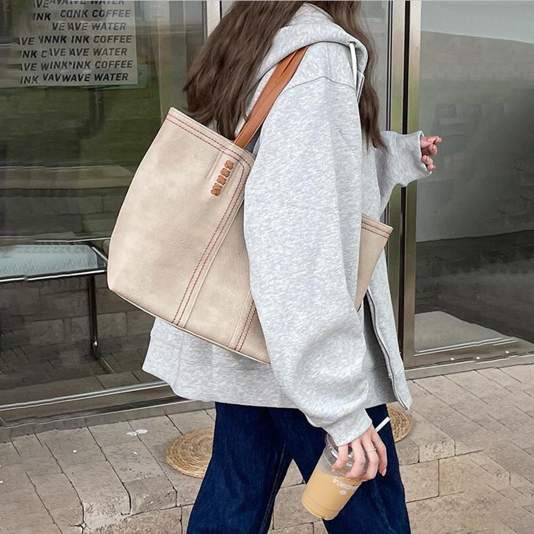 Women's Structured Large Shoulder Bag Contrast Stitching Synthetic Leather Two Tone Handles