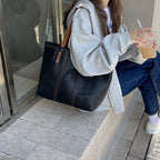 Women's Structured Large Shoulder Bag Contrast Stitching Synthetic Leather Two Tone Handles
