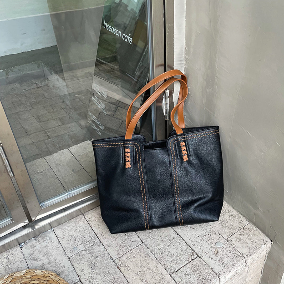 Women's Structured Large Shoulder Bag Contrast Stitching Synthetic Leather Two Tone Handles