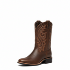 Brown leather cowboy boot with western embroidery, pointed toe, low stacked heel
