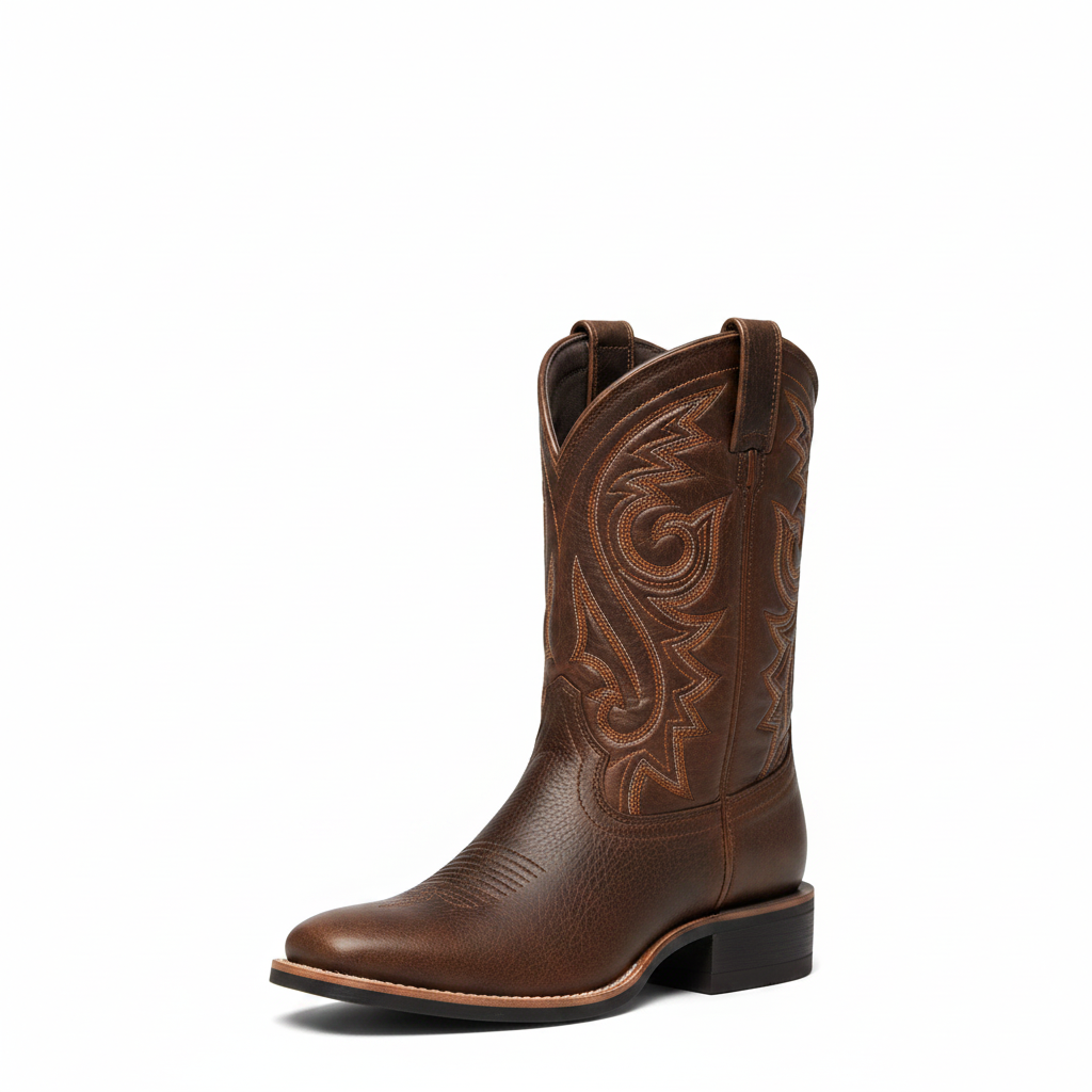 Brown leather cowboy boot with western embroidery, pointed toe, low stacked heel