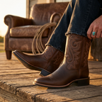 Brown women's cowboy boots with western embroidery, stacked heel, knee-high pull-on
