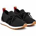 Women's black knit sneakers with laces, stretch collar, and tan rubber sole