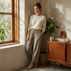 Women's relaxed-fit leisure pants, khaki, elastic waist and tapered ankle cuffs