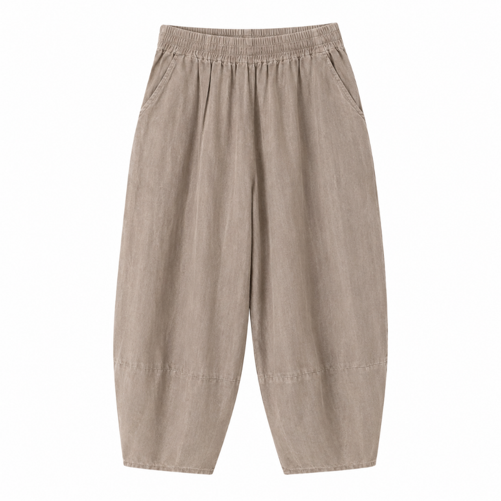 Women's relaxed-fit leisure pants, light khaki, elastic waistband, full-length loose legs