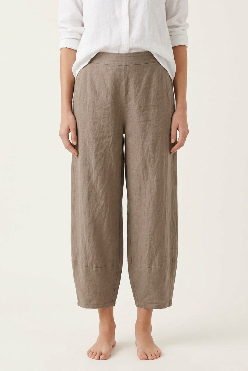 Khaki linen relaxed-fit leisure pants, wide-leg straight front view