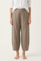 Khaki linen relaxed-fit leisure pants, wide-leg straight front view