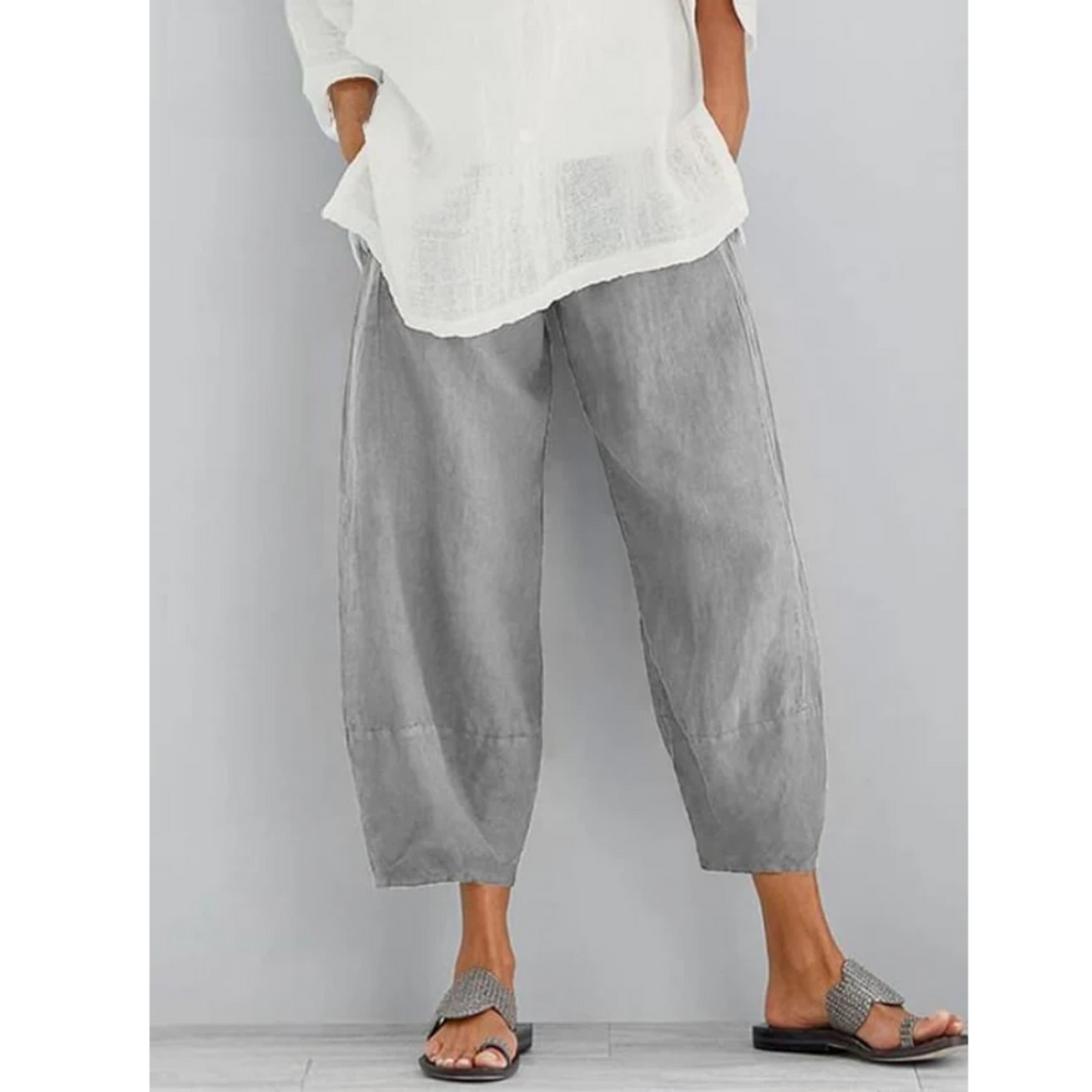 Khaki linen relaxed-fit leisure pants, tapered wide legs and cuffed hems