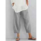 Khaki linen relaxed-fit leisure pants, tapered wide legs and cuffed hems