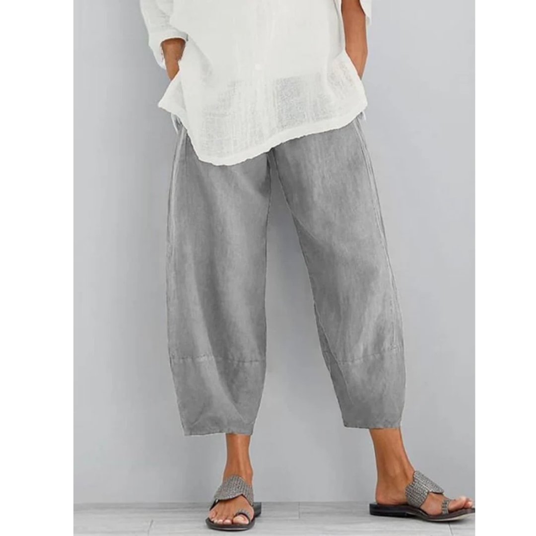Khaki linen relaxed-fit leisure pants, tapered wide legs and cuffed hems