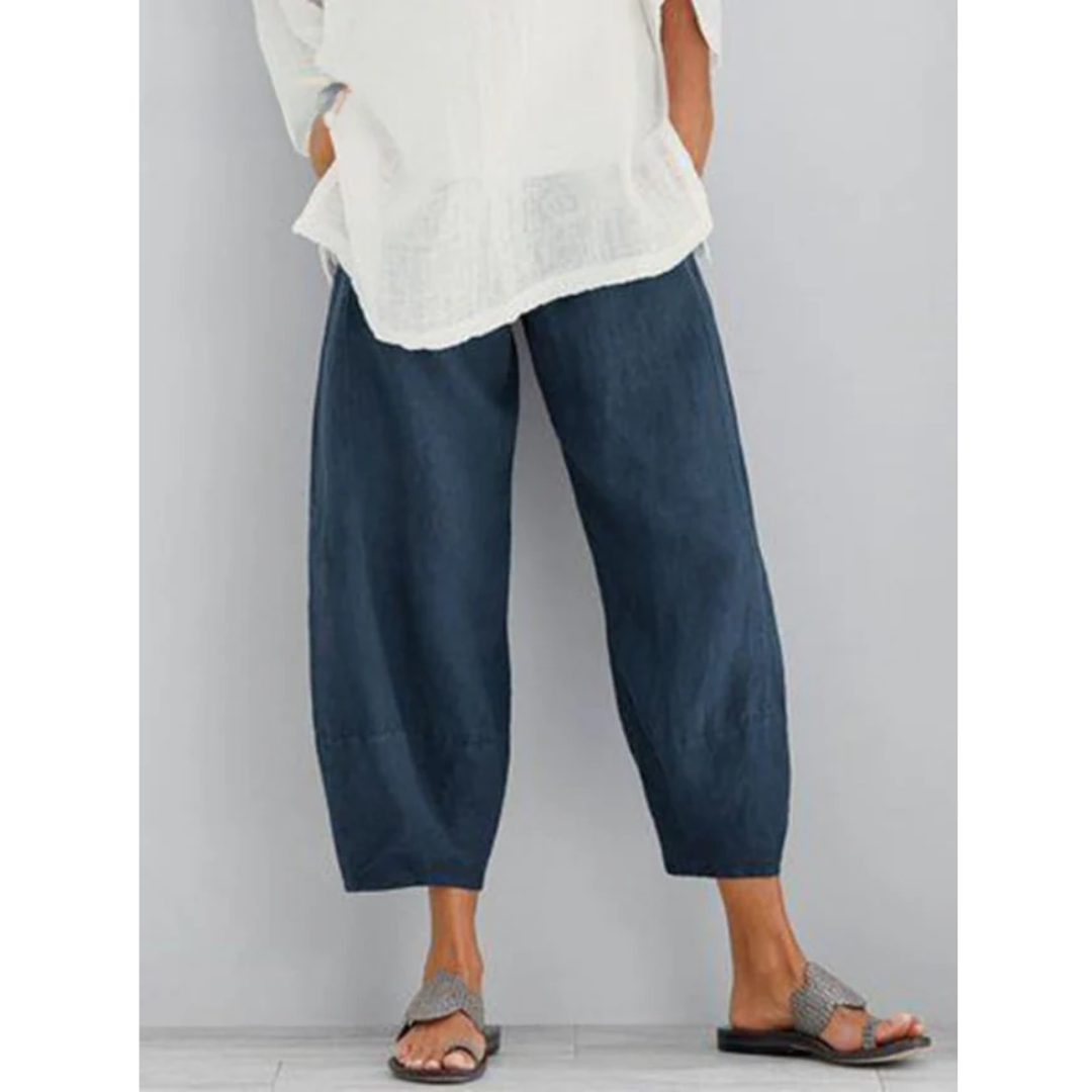 Blue linen relaxed-fit leisure pants with wide legs and ankle cuffs