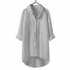 White women's relaxed-fit long-sleeve button-front blouse with patch chest pockets