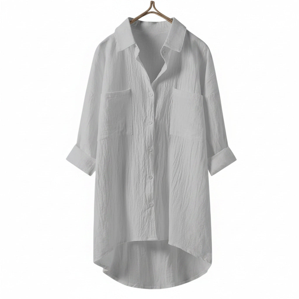 White women's relaxed-fit long-sleeve button-front blouse with patch chest pockets