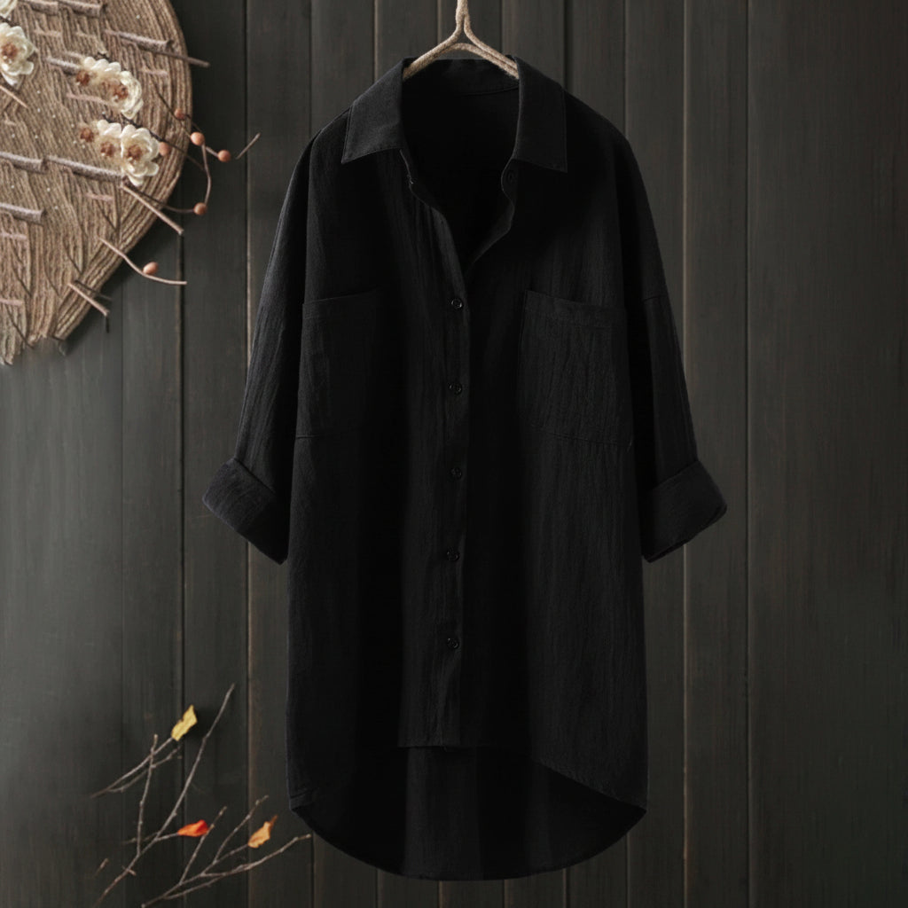Black women's relaxed-fit long-sleeve button-front blouse with patch chest pockets