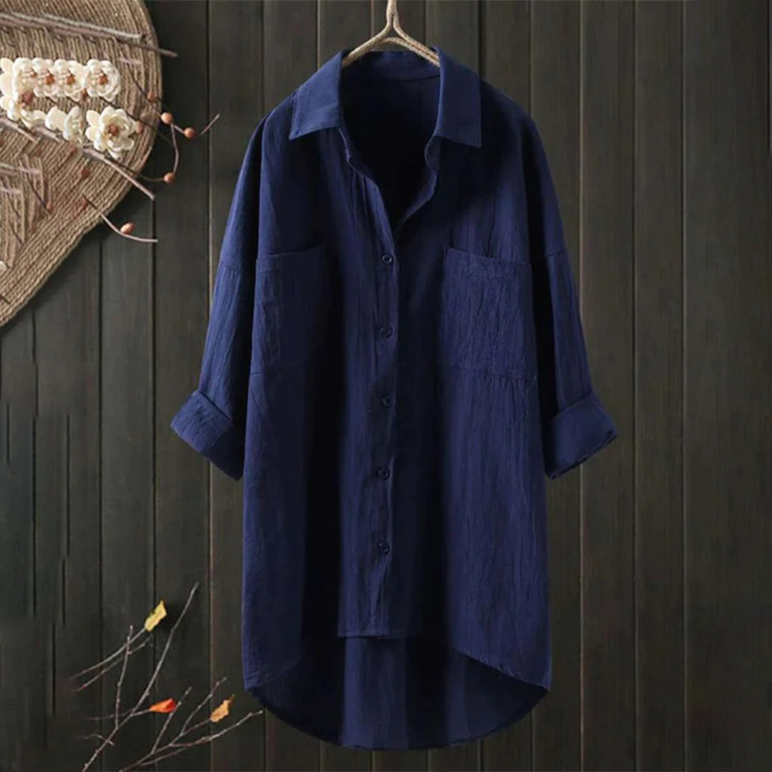 Navy women's relaxed-fit long-sleeve button-front blouse with patch chest pockets