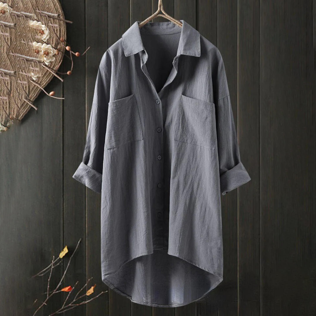 Grey women's relaxed-fit long-sleeve button-front blouse with patch chest pockets