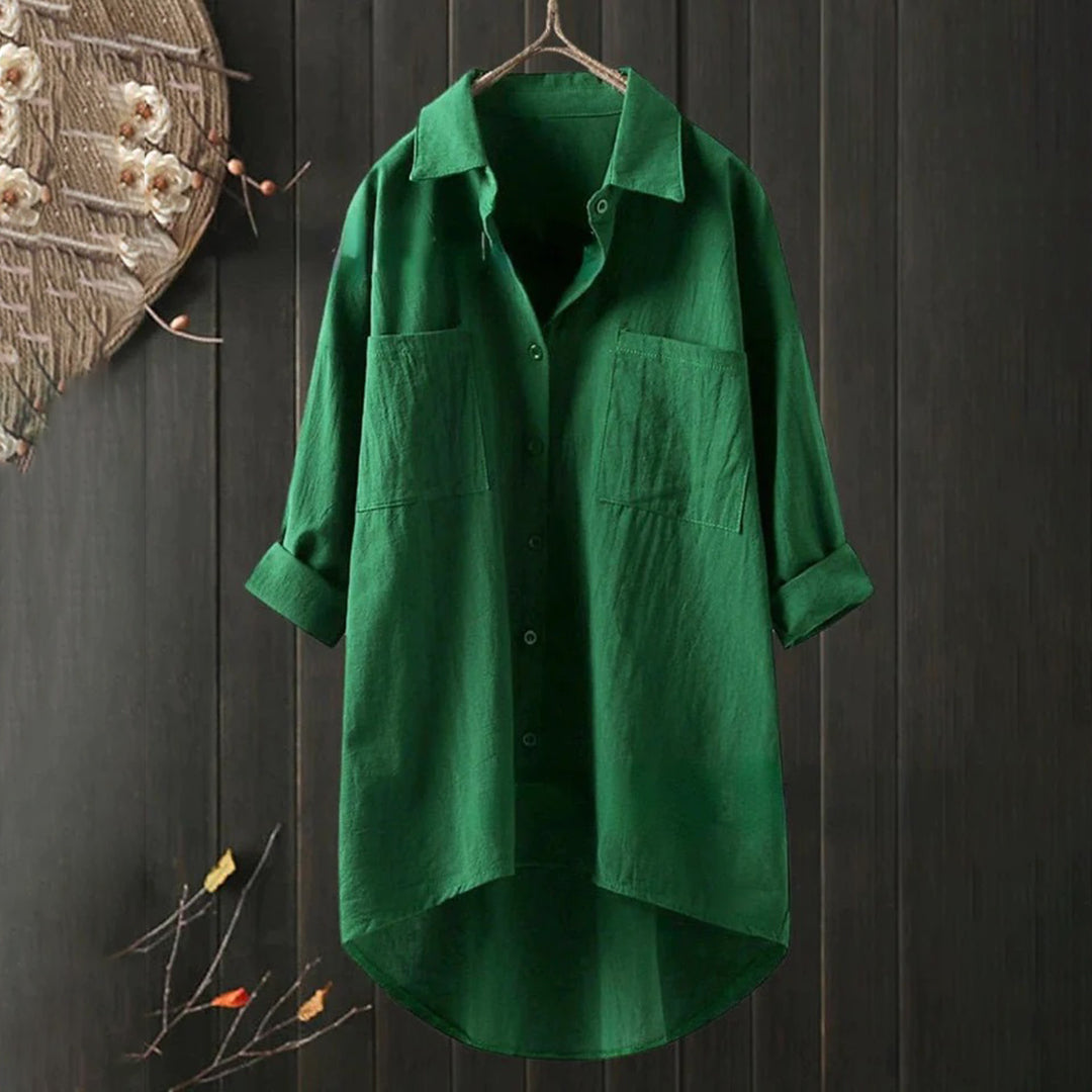 Green women's relaxed-fit long-sleeve button-front blouse with patch chest pockets