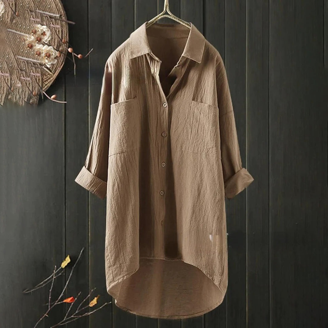 Khaki women's relaxed-fit long-sleeve button-front blouse with patch chest pockets